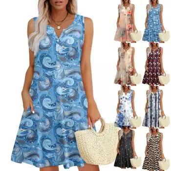 Женские летние платья Свободные сарафаны без рукавов с V-образным вырезом Платье с карманами L бежевый