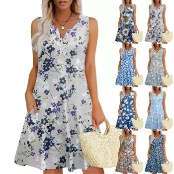 Женские летние платья Свободные сарафаны без рукавов с V-образным вырезом Платье с карманами L синий