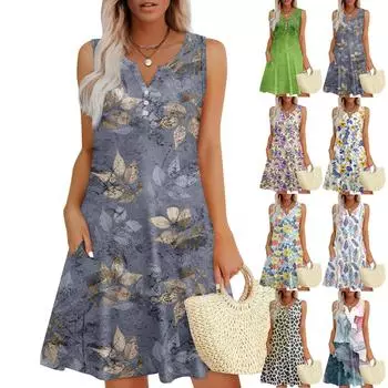 Женские летние платья Свободные сарафаны без рукавов с V-образным вырезом Платье с карманами L синий