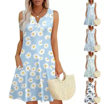 Женские летние платья Свободные сарафаны без рукавов с V-образным вырезом Платье с карманами L бежевый