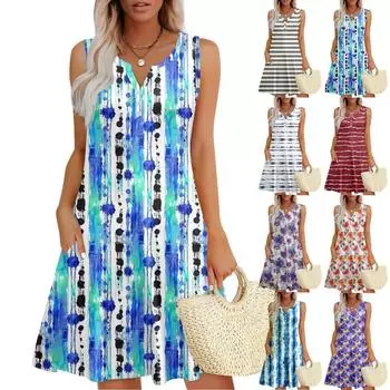 Женские летние платья Свободные сарафаны без рукавов с V-образным вырезом Платье с карманами L бежевый