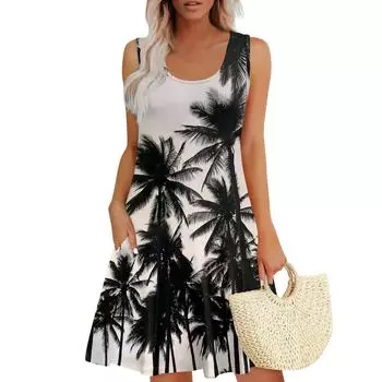 Женские летние платья, свободные сарафаны без рукавов с U-образным вырезом и карманами S синий