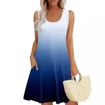 Женские летние платья, свободные сарафаны без рукавов с U-образным вырезом и карманами L светло-синий