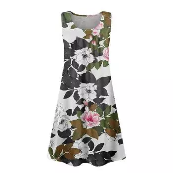 Женские летние платья, свободные сарафаны без рукавов с U-образным вырезом и карманами S темно-зеленого