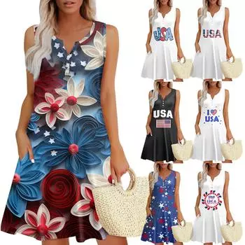 Женские летние платья Свободные сарафаны без рукавов с V-образным вырезом Платье с карманами M фиолетовый