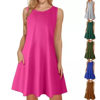 Женские летние платья, свободные сарафаны без рукавов с U-образным вырезом и карманами S