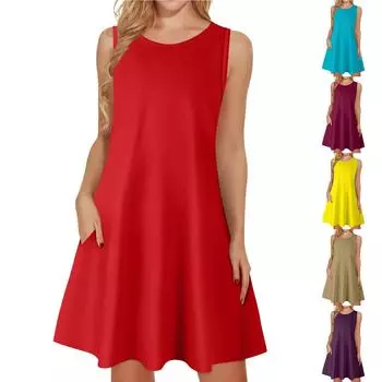 Женские летние платья, свободные сарафаны без рукавов с U-образным вырезом и карманами L