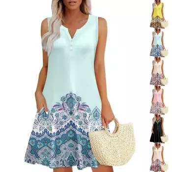 Женские летние платья Свободные сарафаны без рукавов с V-образным вырезом Платье с карманами XL чёрный