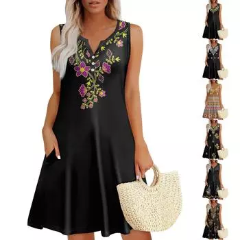 Женские летние платья Свободные сарафаны без рукавов с V-образным вырезом Платье с карманами S