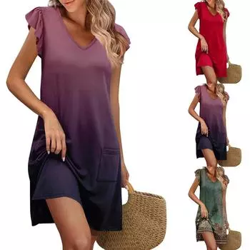 Женские летние платья Свободные сарафаны без рукавов с V-образным вырезом Платье с карманами M зелёный