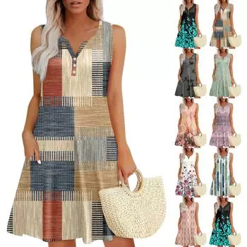 Женские летние платья Свободные сарафаны без рукавов с V-образным вырезом Платье с карманами XL бежевый