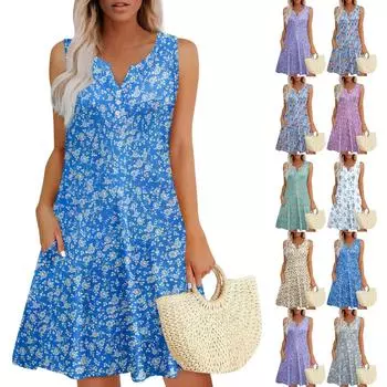 Женские летние платья Свободные сарафаны без рукавов с V-образным вырезом Платье с карманами XL