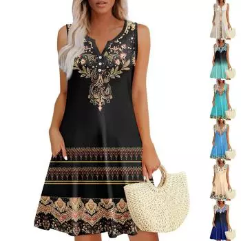 Женские летние платья Свободные сарафаны без рукавов с V-образным вырезом Платье с карманами M хаки