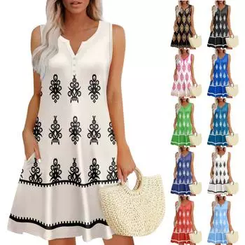 Женские летние платья Свободные сарафаны без рукавов с V-образным вырезом Платье с карманами XXL синий