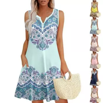 Женские летние платья Свободные сарафаны без рукавов с V-образным вырезом Платье с карманами M