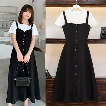 Женские летние платья, топ-рубашка с короткими рукавами и платье с длинными бретелями, комплект из двух предметов, наряды больших размеров XXL чёрный