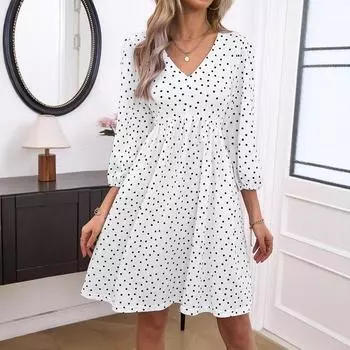 Женские летние платья в горошек с V-образным вырезом и длинными рукавами S белый