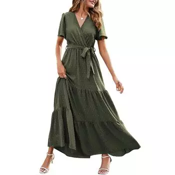 Женские летние платья в стиле бохо с V-образным вырезом, короткими рукавами и однотонным галстуком L армия зеленый