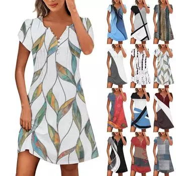 Женские летние платья в стиле бохо с V-образным вырезом на пуговицах и рукавами-лепестками в геометрическом стиле XL тёмно-синий