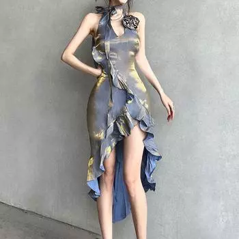 Женские летние платья в стиле ретро, вечернее платье с градиентом, элегантное платье с открытой спиной и нерегулярными рюшами, одежда в корейском стиле S