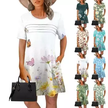 Женские летние платья Женские летние платья с цветочным принтом Повседневные платья с коротким рукавом и круглыми карманами L армия зеленый