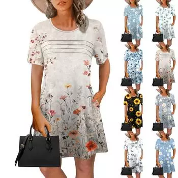 Женские летние платья Женские летние платья с цветочным принтом Повседневные платья с коротким рукавом и круглыми карманами L чёрный