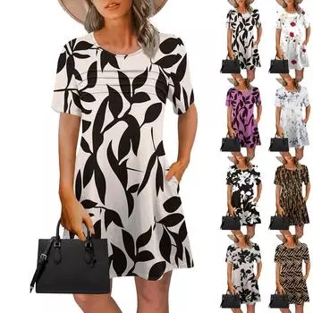 Женские летние платья Женские летние платья с цветочным принтом Повседневные платья с коротким рукавом и круглыми карманами L чёрный