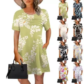 Женские летние платья Женские летние платья с цветочным принтом Повседневные платья с коротким рукавом и круглыми карманами L чёрный