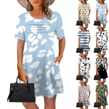 Женские летние платья Женские летние платья с цветочным принтом Повседневные платья с коротким рукавом и круглыми карманами L зелёный