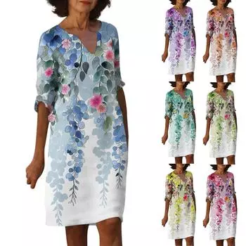 Женские летние платья Женское платье с v-образным вырезом и коротким рукавом с принтом L синий