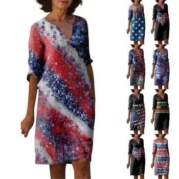 Женские летние платья Женское платье с v-образным вырезом и коротким рукавом с принтом L чёрный