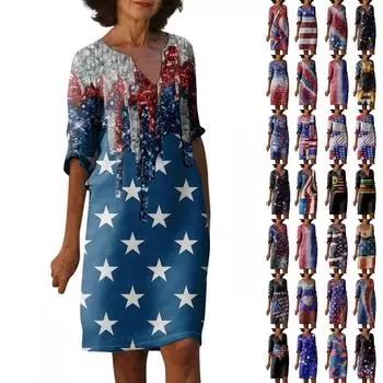 Женские летние платья Женское платье с v-образным вырезом и коротким рукавом с принтом L чёрный