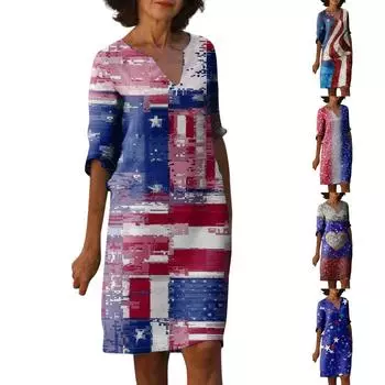 Женские летние платья Женское платье с v-образным вырезом и коротким рукавом с принтом L синий