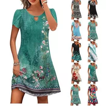 Женские летние платья Женское платье с v-образным вырезом и коротким рукавом с принтом XXL