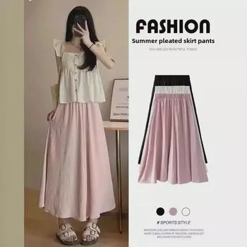 Женские летние плиссированные брюки-юбки А-силуэта - высокая талия, узкая драпировка, широкие штанины, маленький размер Large розовый
