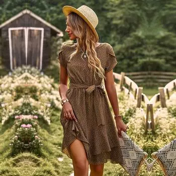 Женские летние плиссированные платья с высокой талией и круглым вырезом с принтом L коричневый