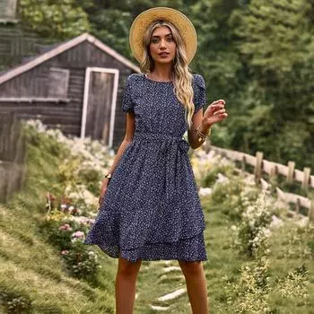 Женские летние плиссированные платья с высокой талией и круглым вырезом с принтом S зелёный