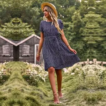 Женские летние плиссированные платья с высокой талией и круглым вырезом с принтом S зелёный