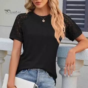 Женские летние плиссированные топы с круглым вырезом реглан, футболка с короткими рукавами, сетчатая кружевная строчка, облегающая футболка, уличная одежда L чёрный