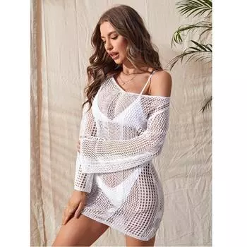 Женские летние пляжные бикини-накидки с открытыми плечами, трикотажные платья с длинными рукавами, женская рубашка-бандаж с открытой спиной S белый