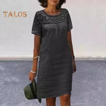 Женские летние пляжные короткие платья с коротким рукавом и круглым вырезом, кружевное мини-платье, повседневный свободный хлопковый льняной сарафан S чёрный