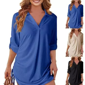 Женские летние пляжные накидки, повседневные купальники с V-образным вырезом и длинными рукавами, плиссированные однотонные платья на шнурках, рубашки M светло-синий