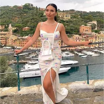 Женские летние пляжные платья с открытой спиной и разрезом на шнуровке с принтом S белый