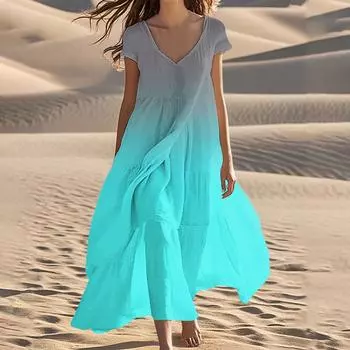 Женские летние пляжные платья с V-образным вырезом, длинные, с коротким рукавом, в стиле пэчворк, с градиентом S циан
