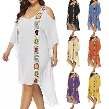 Женские летние пляжные платья с вышивкой и крючком, с v-образным вырезом и без бретелек с семью рукавами XXL шафрановый