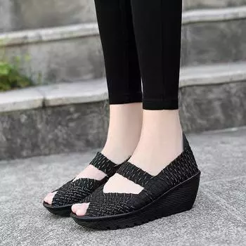 Женские летние пляжные сандалии с оплеткой, увеличивающие рост, женские уличные сандалии без шнуровки на толстой подошве и платформе с открытым носком 35 чёрный
