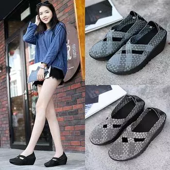 Женские летние пляжные сандалии с плетением, увеличивающие рост Женские сандалии на танкетке с толстой подошвой и закрытым носком на платформе 35