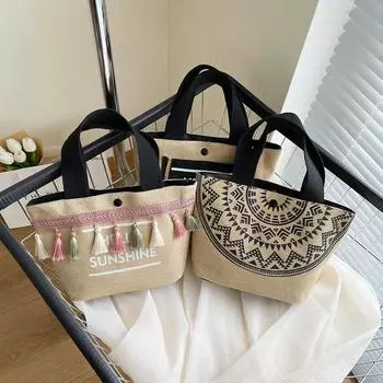 Женские летние пляжные сумки, сумки большой емкости, женская сумка на плечо с кисточками, льняные сумки с большими буквами, повседневная дорожная сумка для покупок для девочек small 28x10x18cm