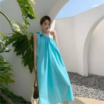 Женские летние пляжные темпераментные однотонные длинные платья с открытой спиной и бретелями S синий