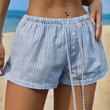 Женские летние полосатые повседневные спортивные шорты с эластичной резинкой на талии M синий